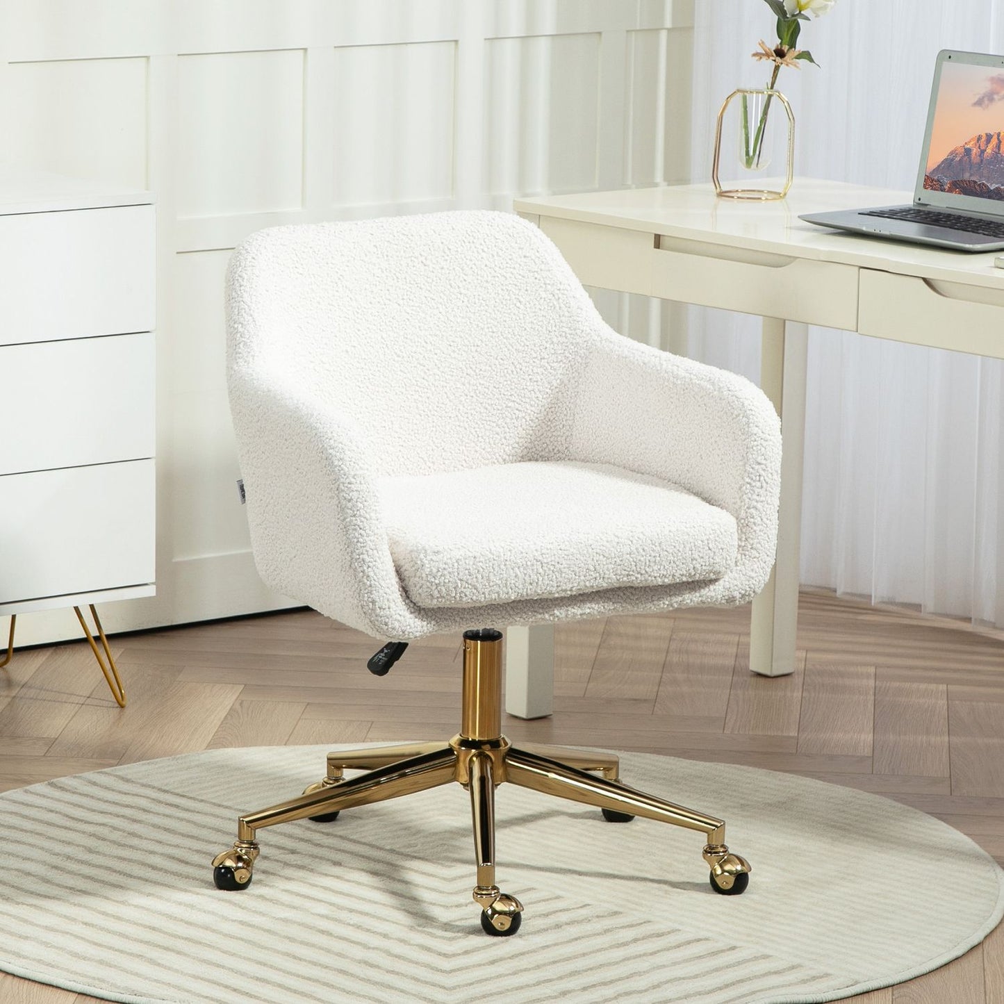 Height-adjustable office chair in velvet, swivel, cream white
