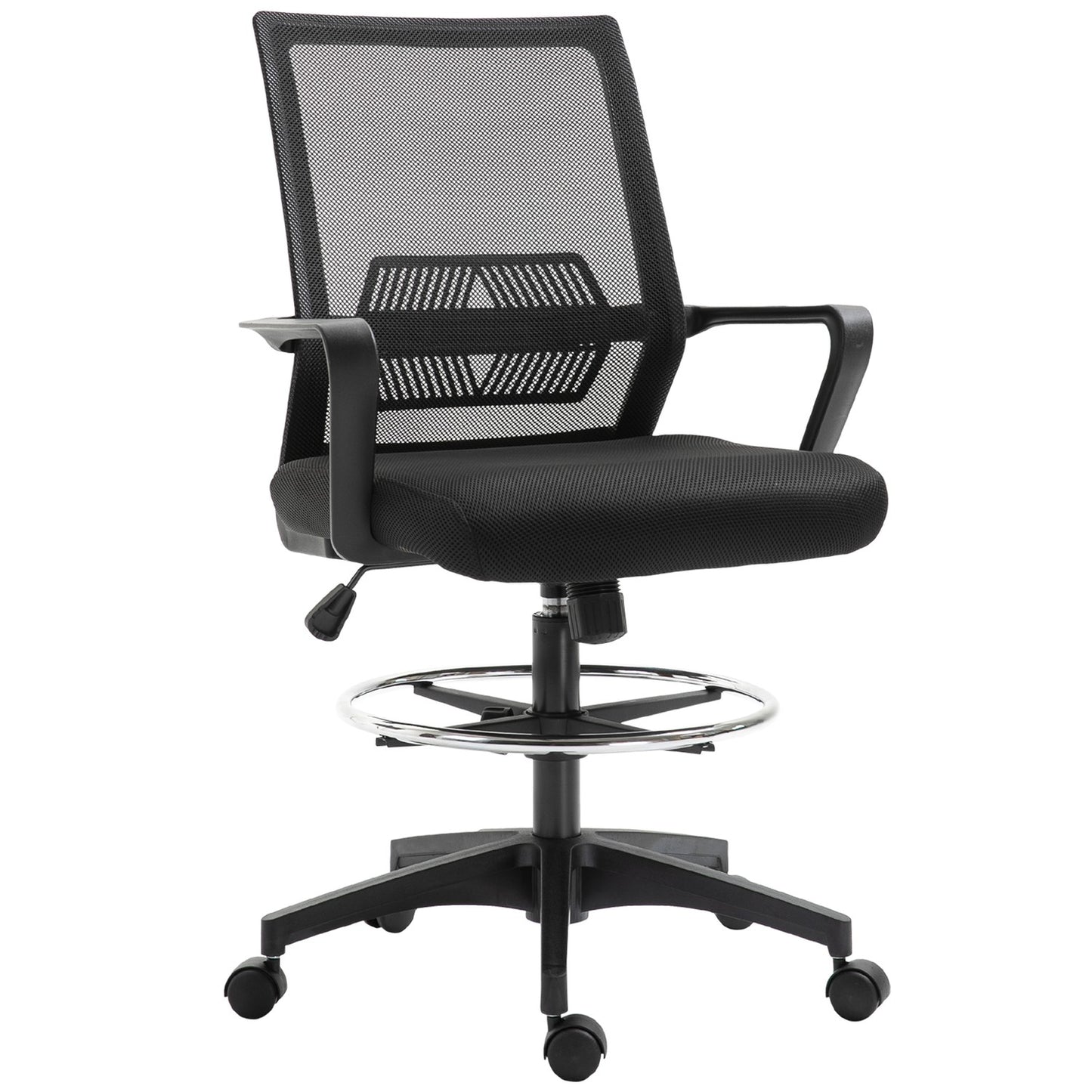 Office chair, height-adjustable desk chair with footrest, mesh backrest, rollable, plastic, black