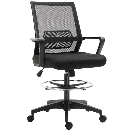 Office chair, height-adjustable desk chair with footrest, mesh backrest, rollable, plastic, black