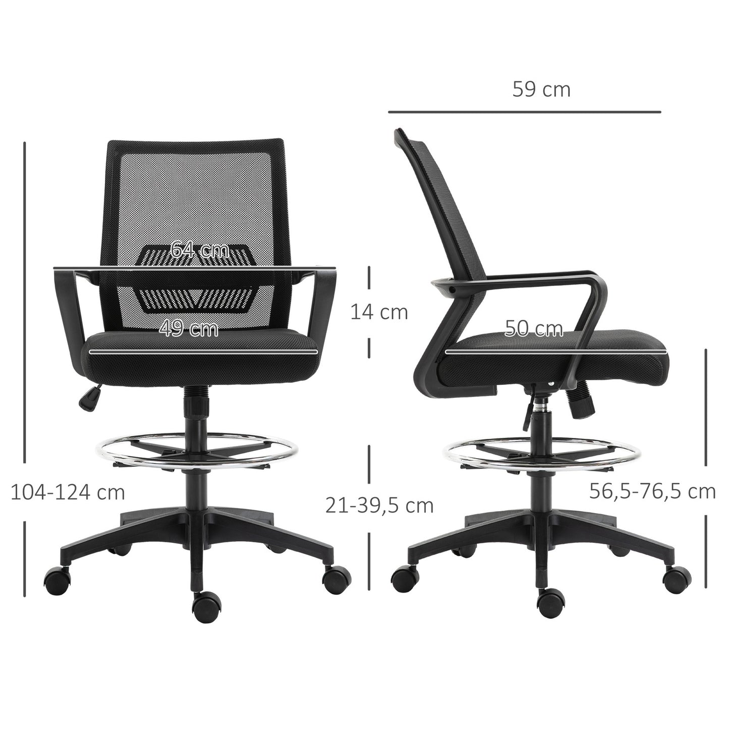 Office chair, height-adjustable desk chair with footrest, mesh backrest, rollable, plastic, black