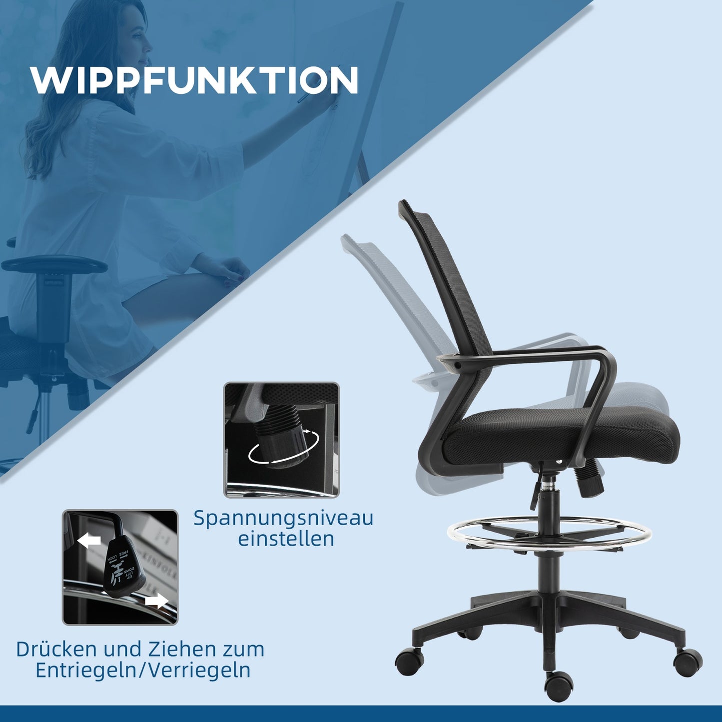 Office chair, height-adjustable desk chair with footrest, mesh backrest, rollable, plastic, black