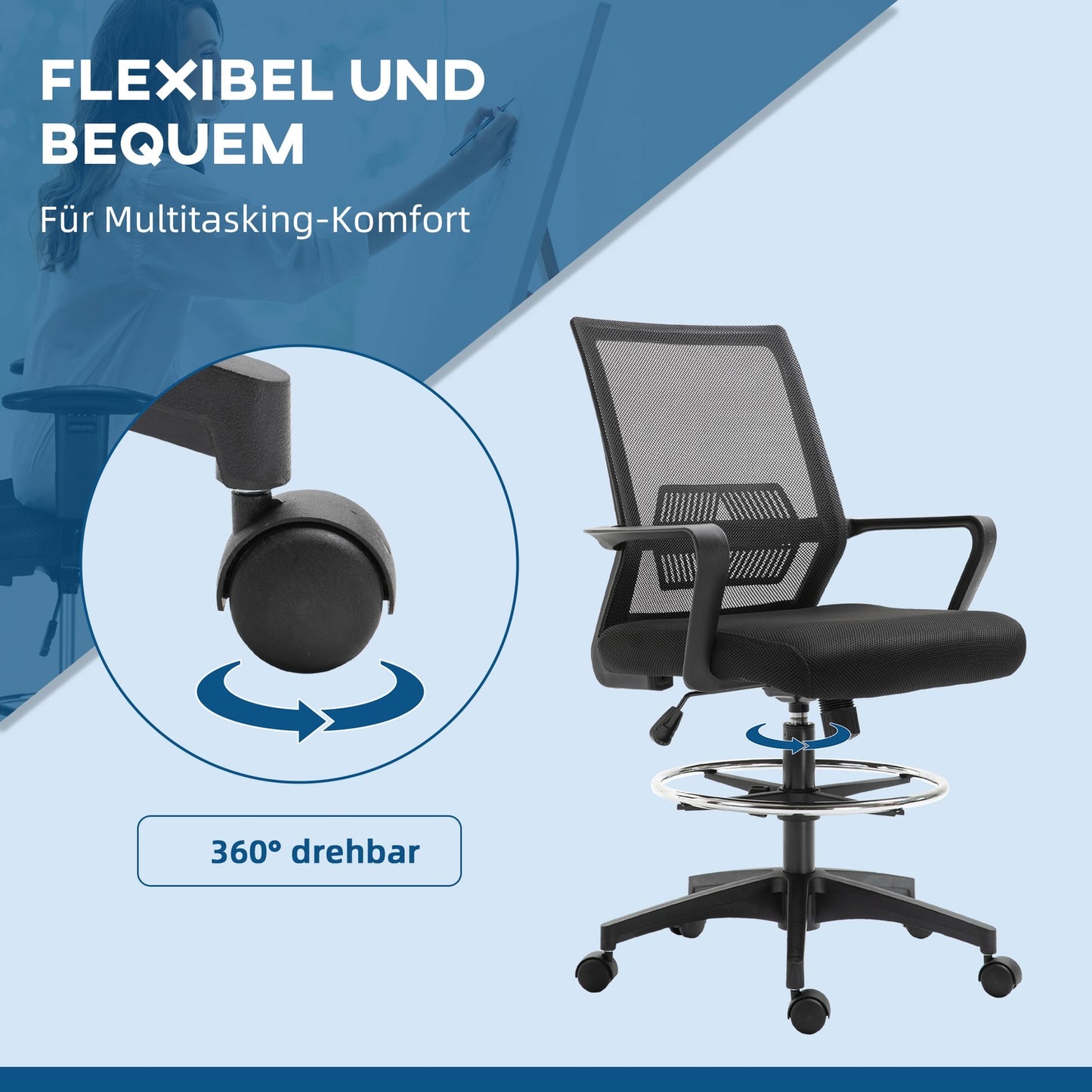 Office chair, height-adjustable desk chair with footrest, mesh backrest, rollable, plastic, black