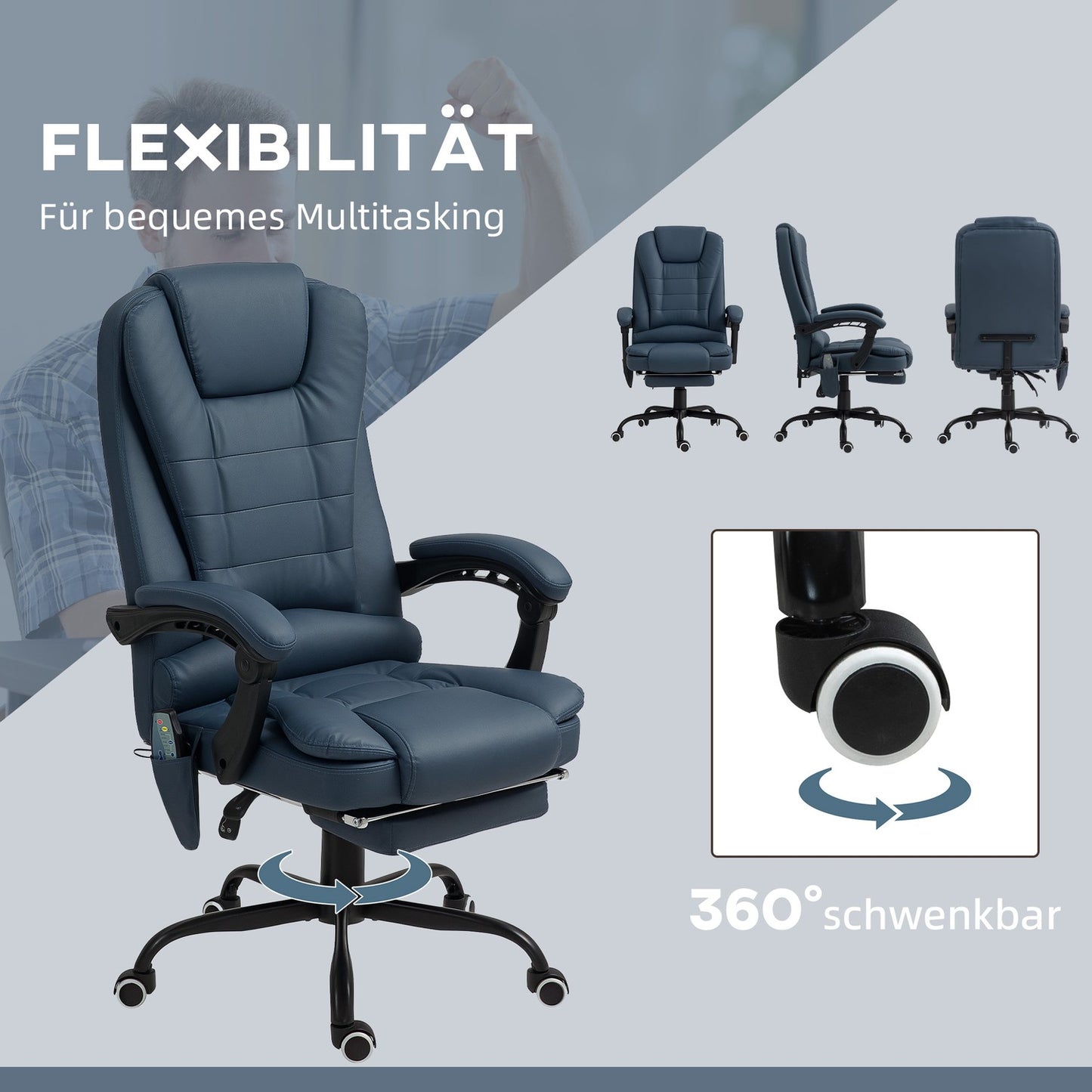 Ergonomic office chair with massage and tilt, blue