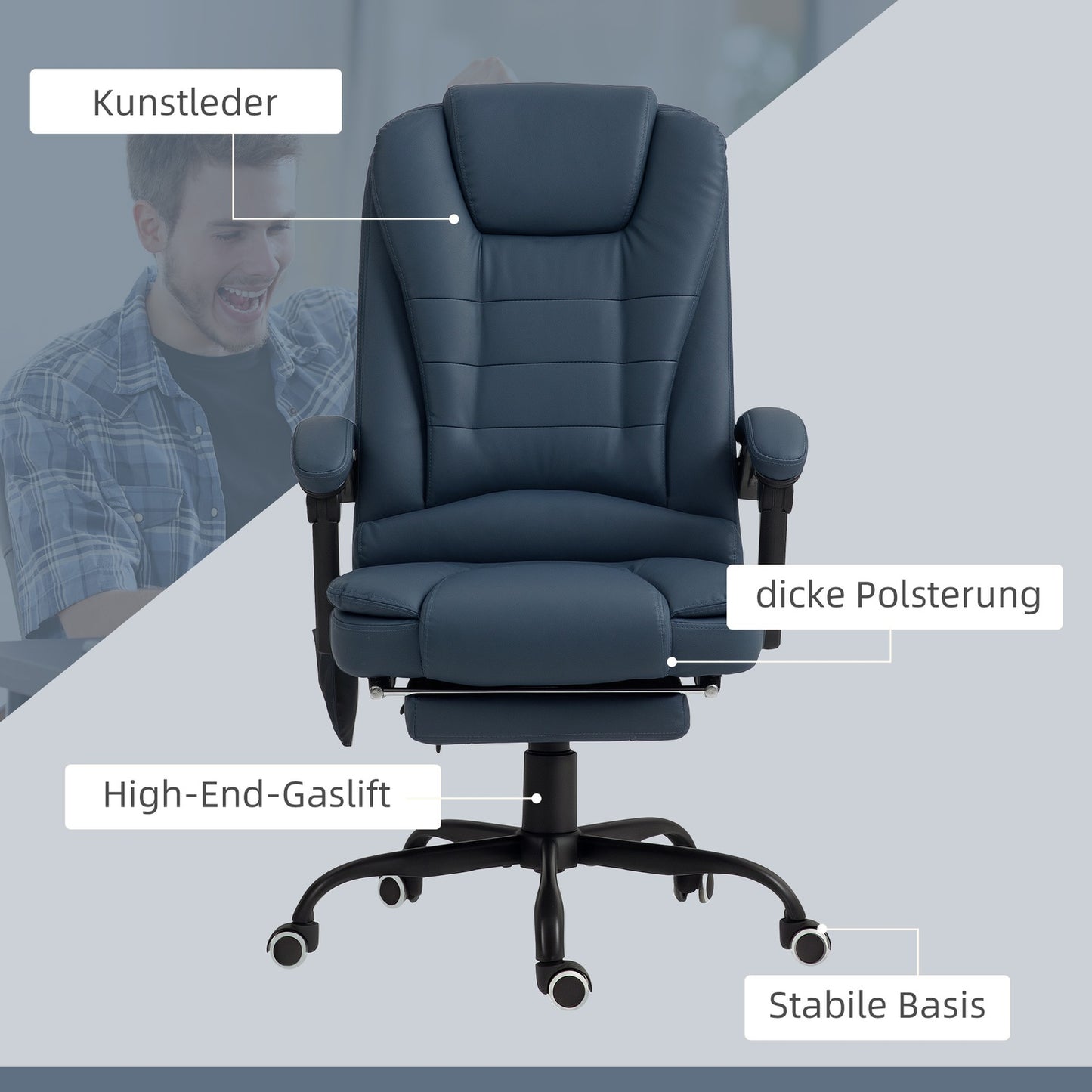 Ergonomic office chair with massage and tilt, blue