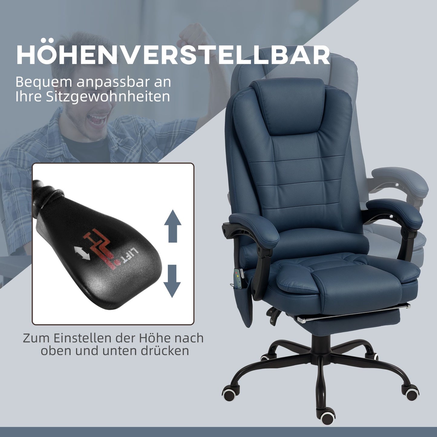 Ergonomic office chair with massage and tilt, blue