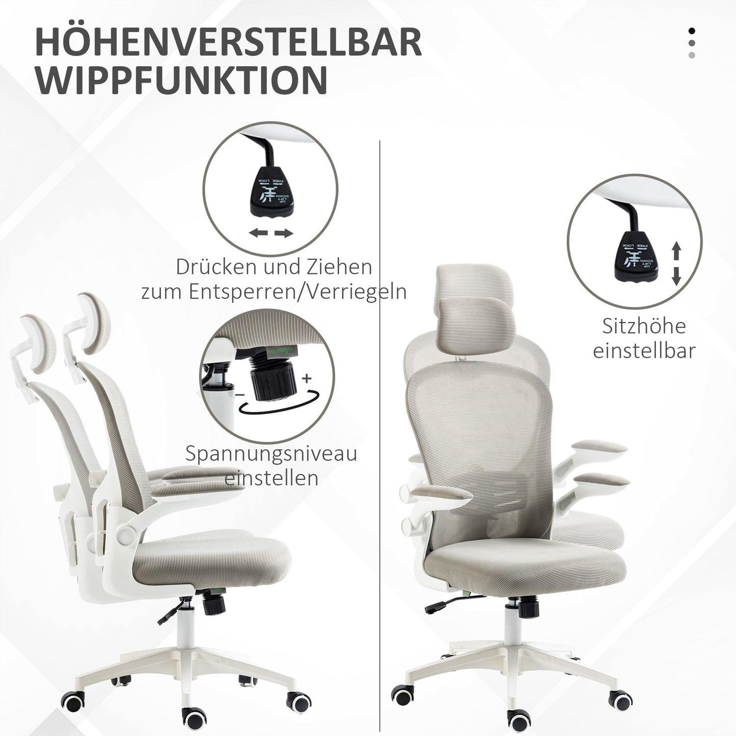 Ergonomic office chair, adjustable headrest, gray