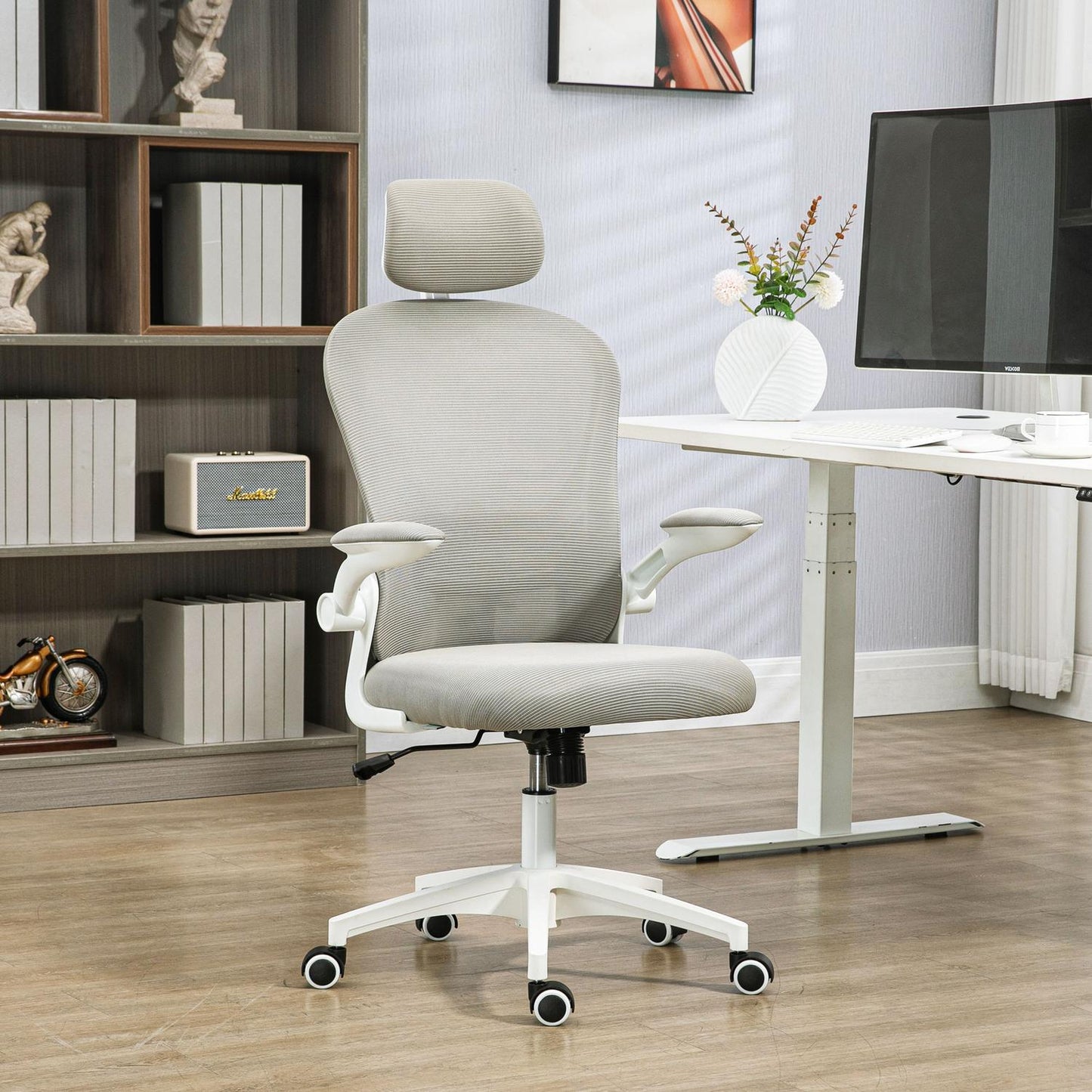 Ergonomic office chair, adjustable headrest, gray