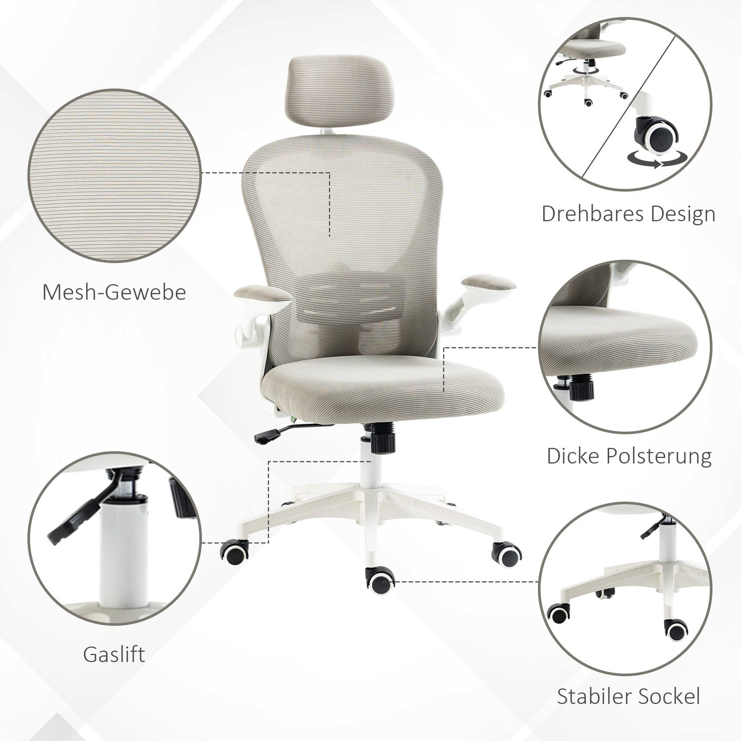 Ergonomic office chair, adjustable headrest, gray