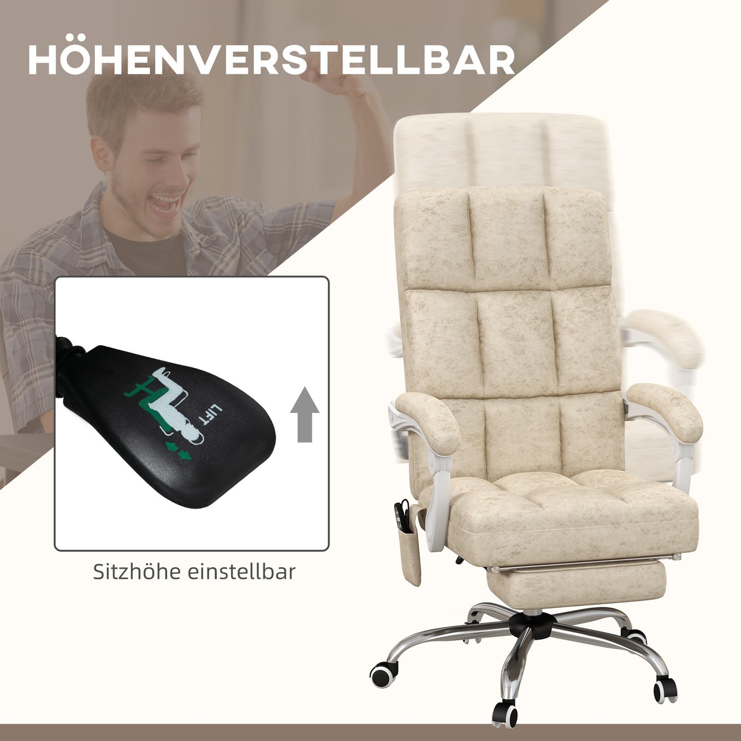Ergonomic office chair with massage & heating, adjustable, beige