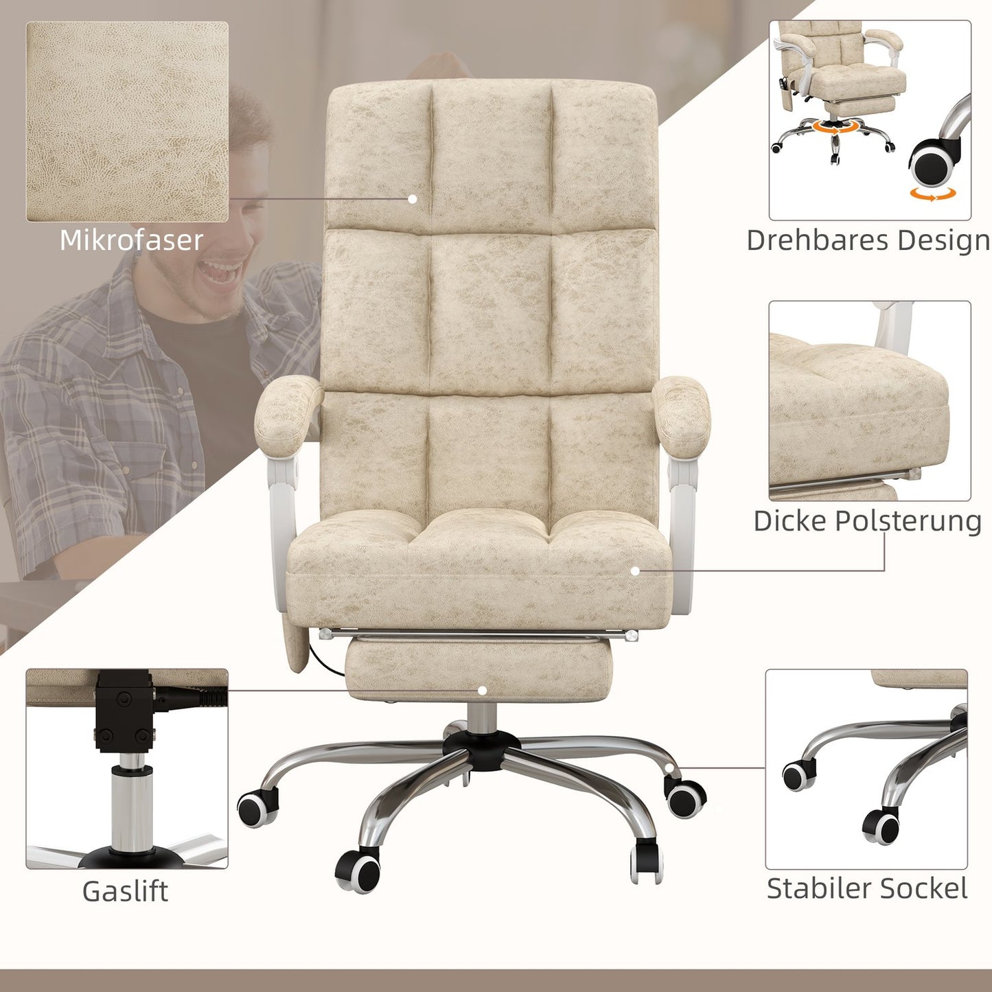Ergonomic office chair with massage & heating, adjustable, beige