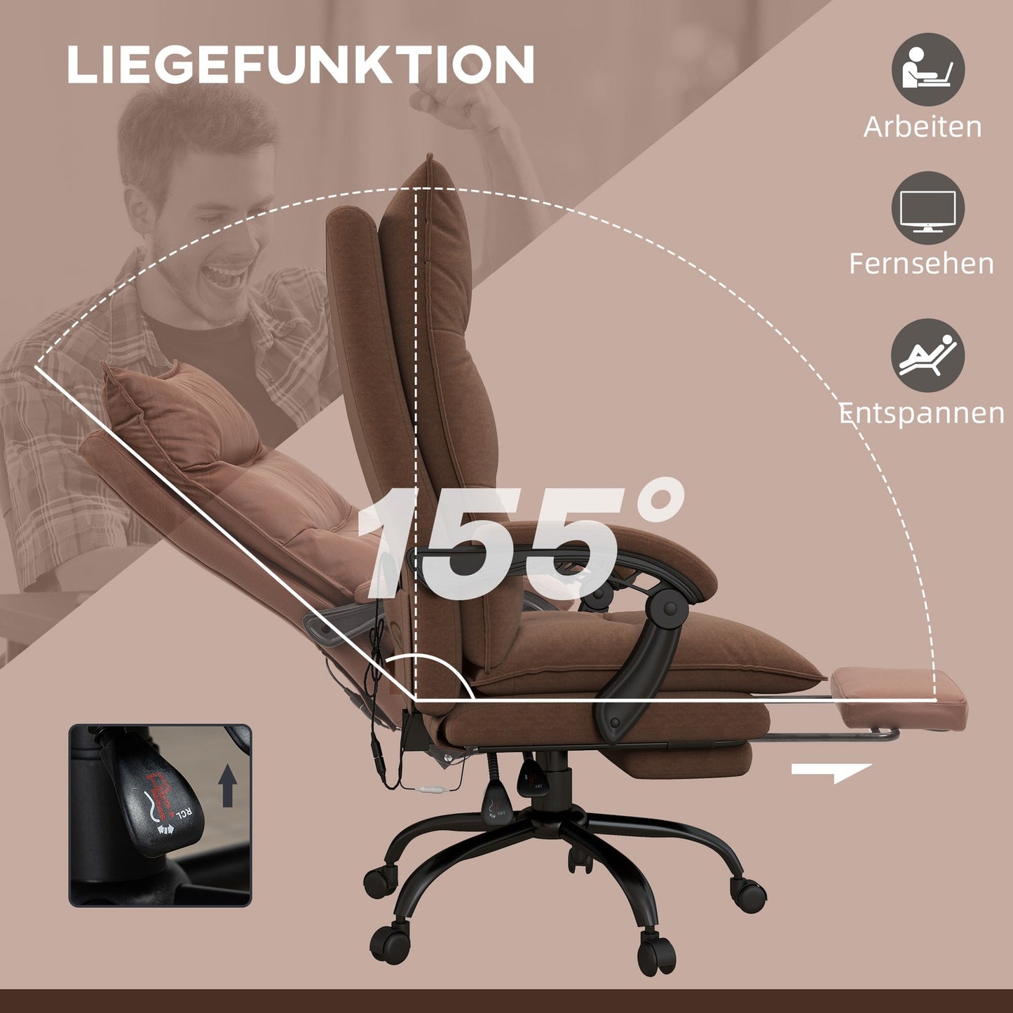 Ergonomic office chair with massage, 155° tilt - brown