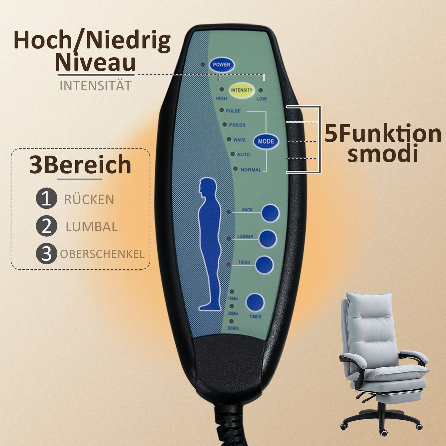 Ergonomic office chair with massage and tilt, light grey