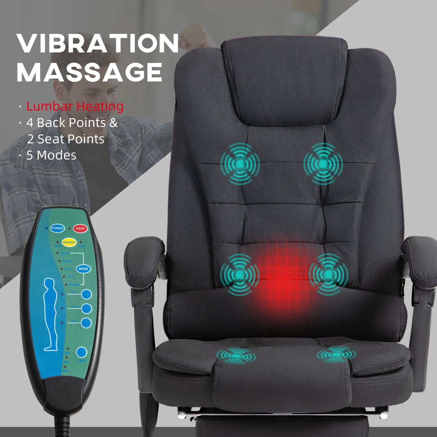 Ergonomic massage office chair, reclining with footrest, black