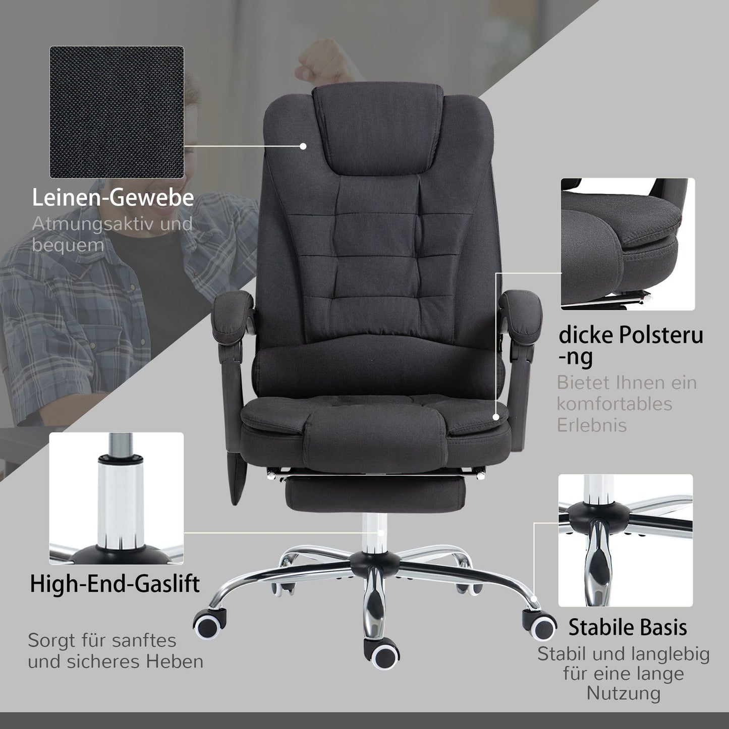 Ergonomic massage office chair, reclining with footrest, black