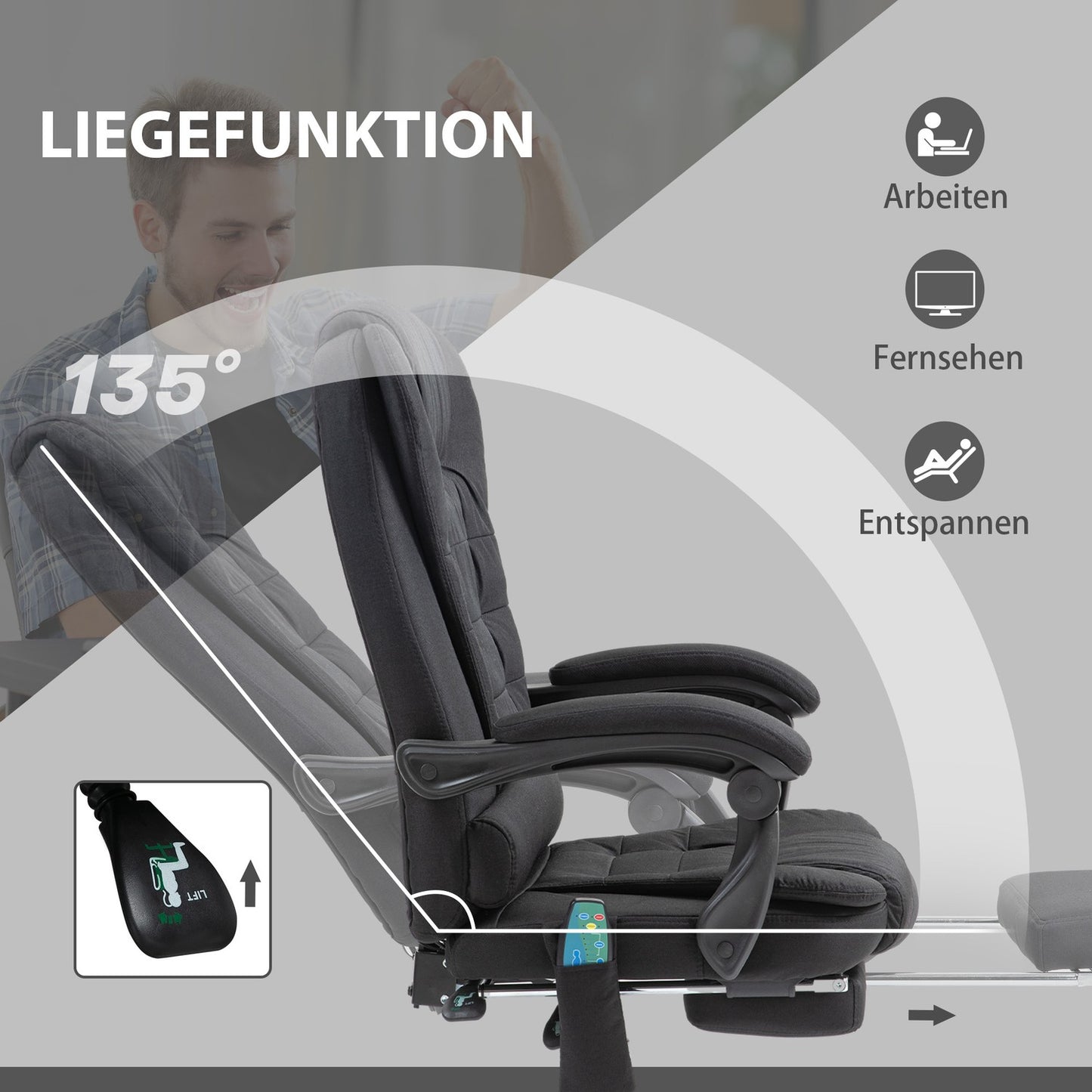 Ergonomic massage office chair, reclining with footrest, black