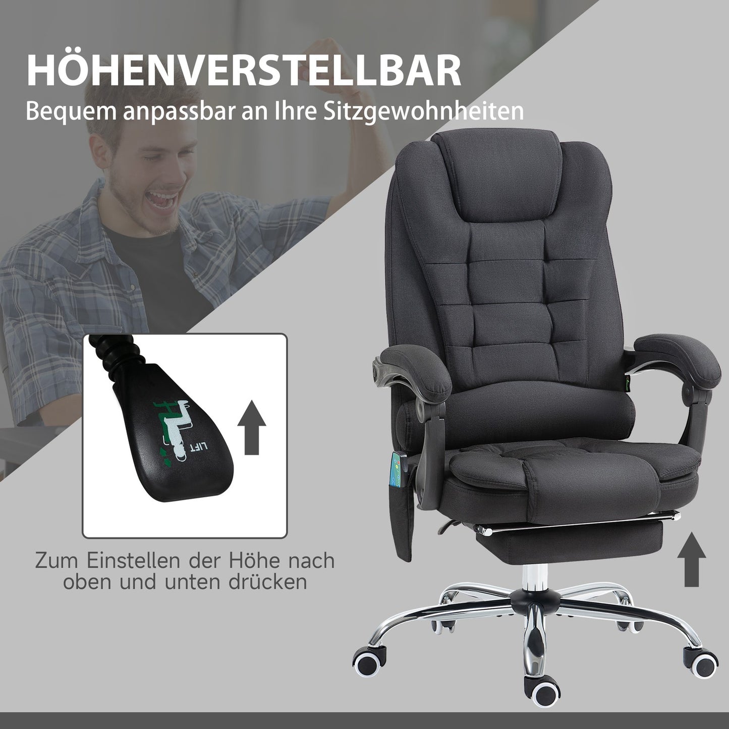 Ergonomic massage office chair, reclining with footrest, black