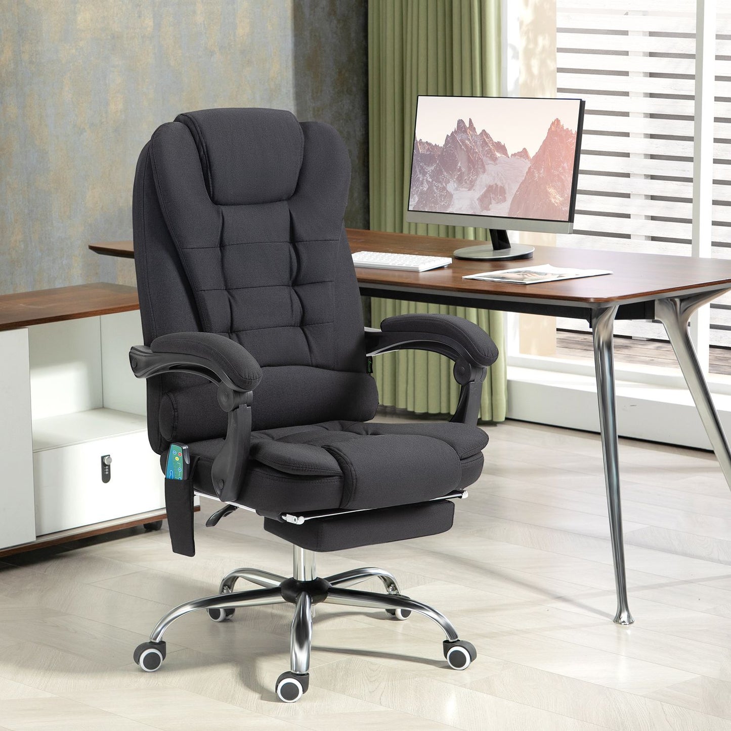 Ergonomic massage office chair, reclining with footrest, black