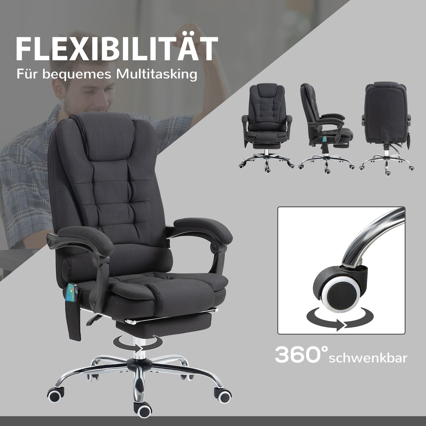 Ergonomic massage office chair, reclining with footrest, black