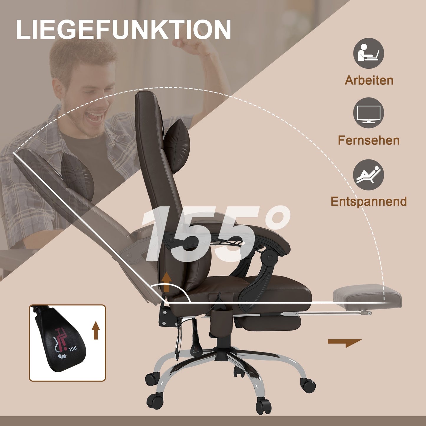 Office chair with massage function, ergonomic desk chair with reclining function, headrest, height-adjustable, brown