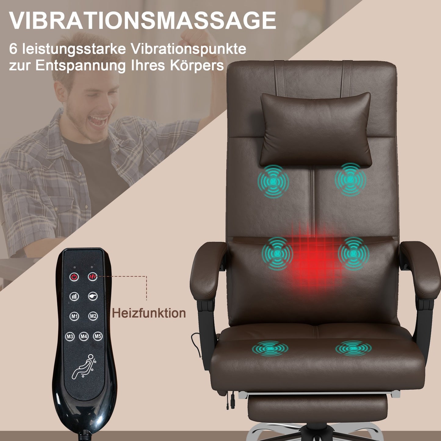 Office chair with massage function, ergonomic desk chair with reclining function, headrest, height-adjustable, brown