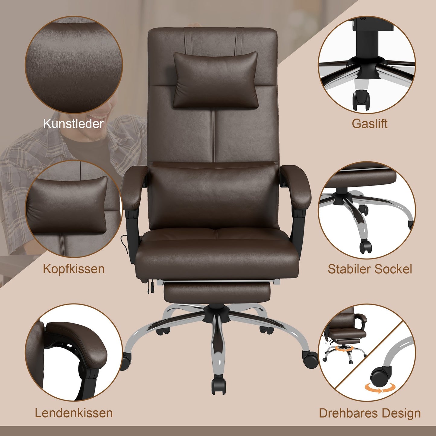Office chair with massage function, ergonomic desk chair with reclining function, headrest, height-adjustable, brown