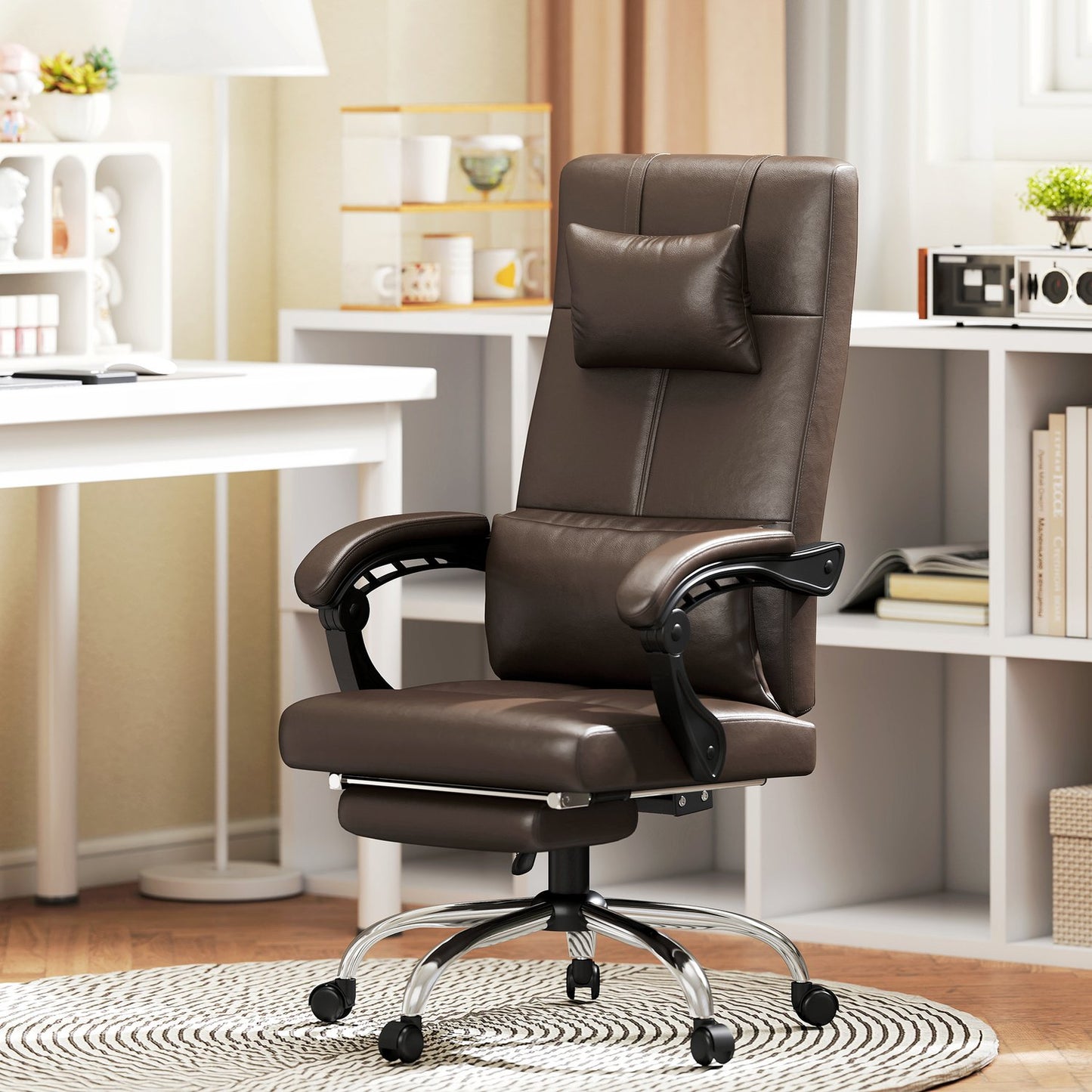 Office chair with massage function, ergonomic desk chair with reclining function, headrest, height-adjustable, brown