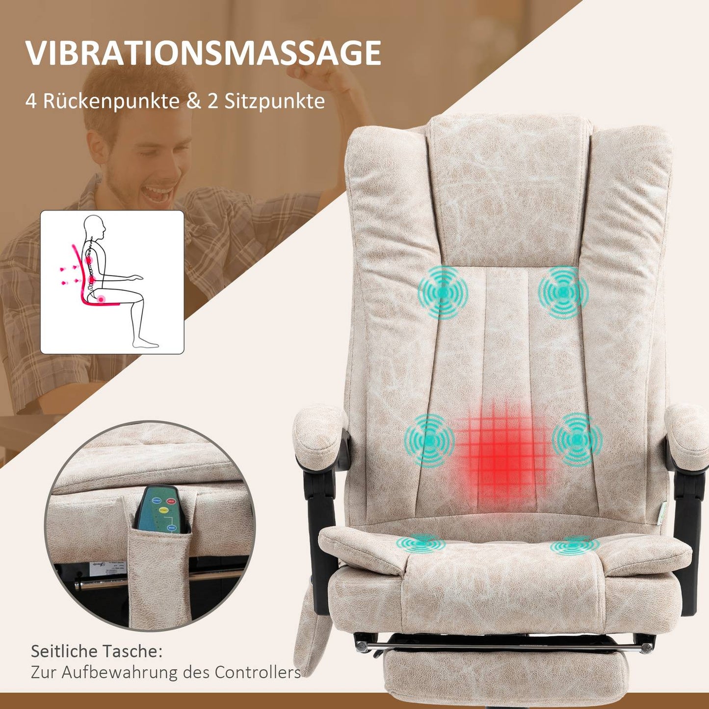 Ergonomic Massage Office Chair, Reclining & Heated, Cream White