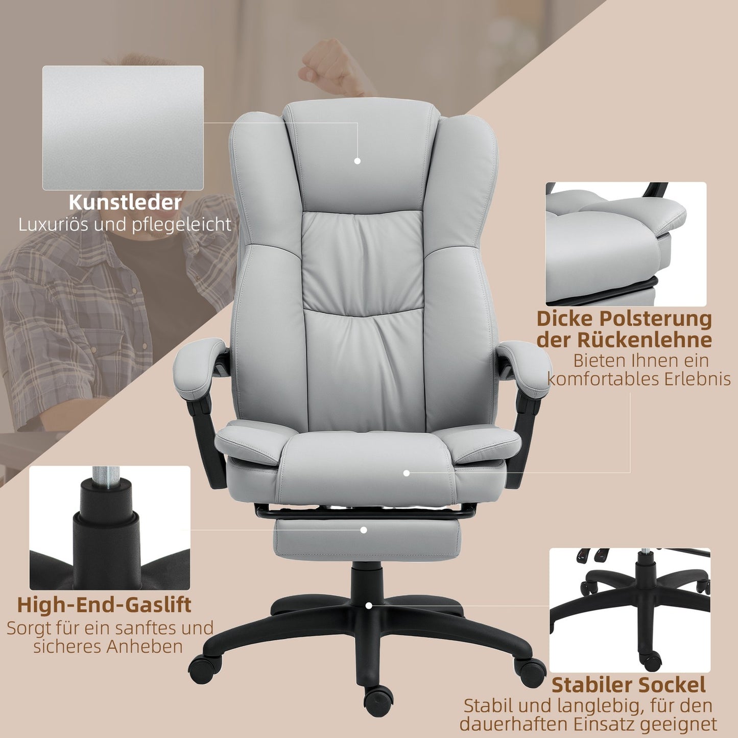 Ergonomic office chair with massage, tilt, footrest, gray