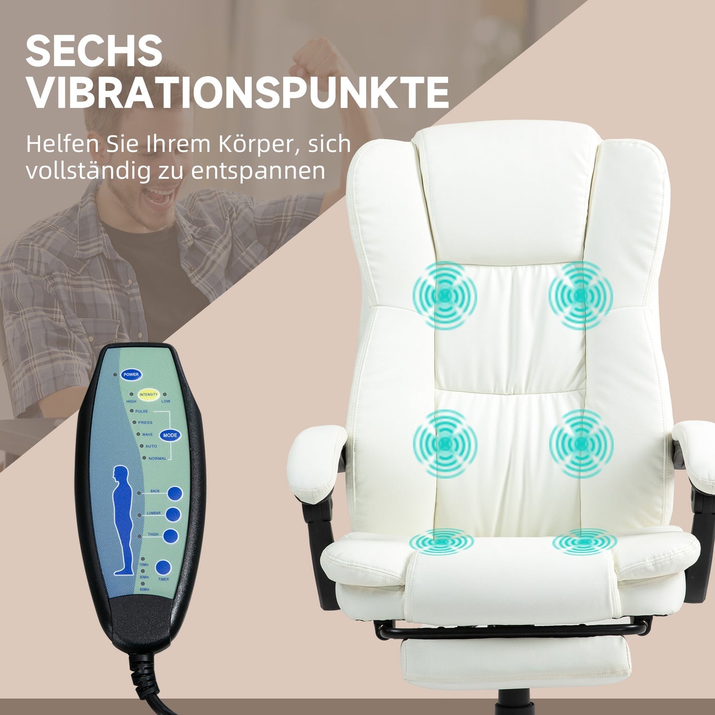 Ergonomic creamy office chair with massage & footrest