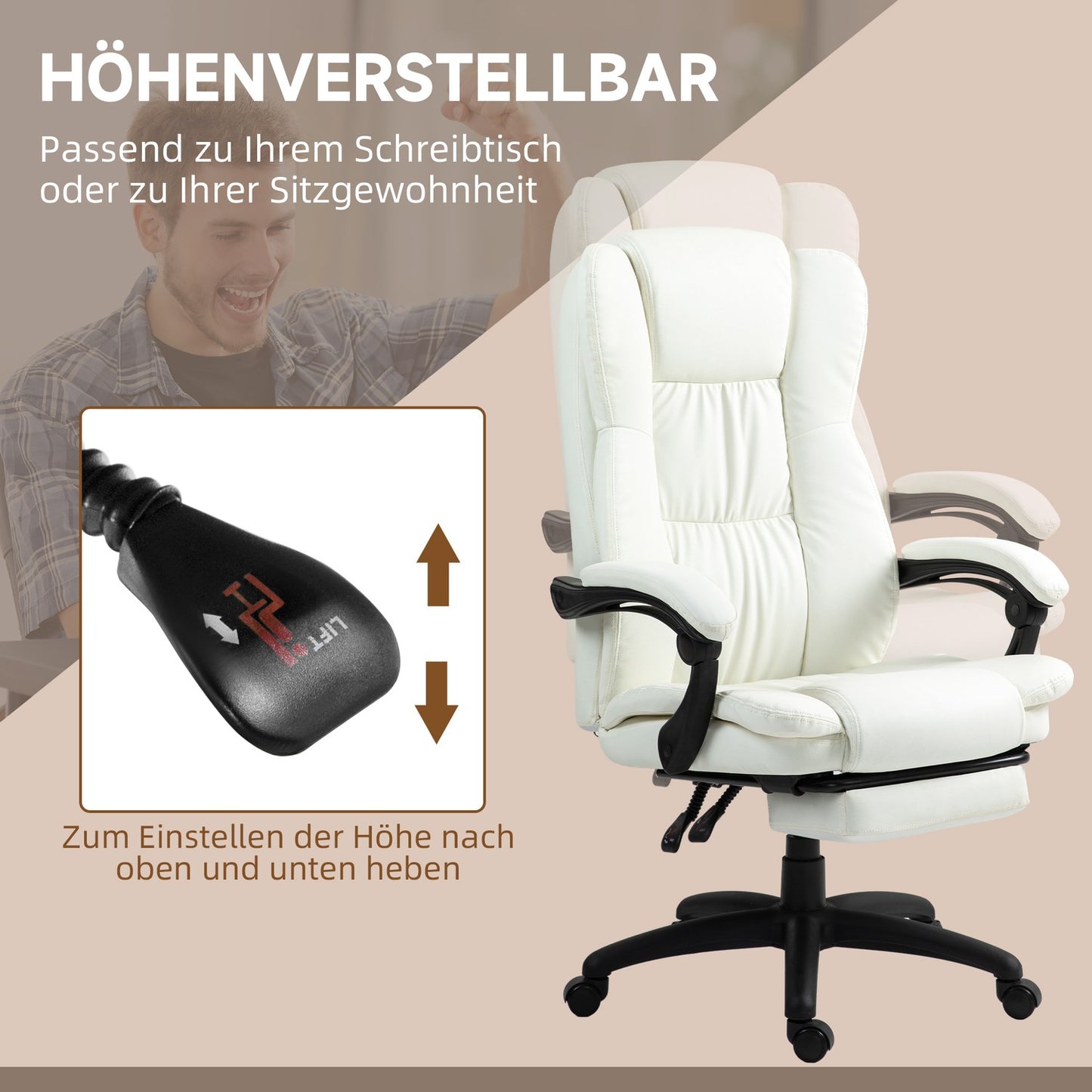 Ergonomic creamy office chair with massage & footrest