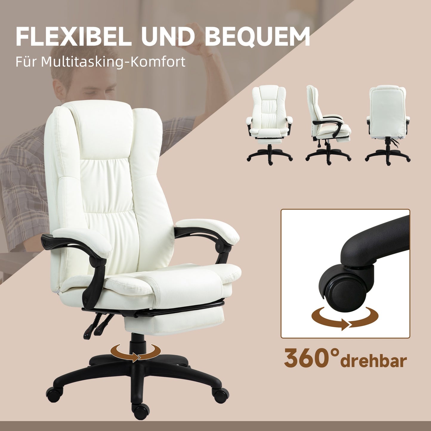 Ergonomic creamy office chair with massage & footrest