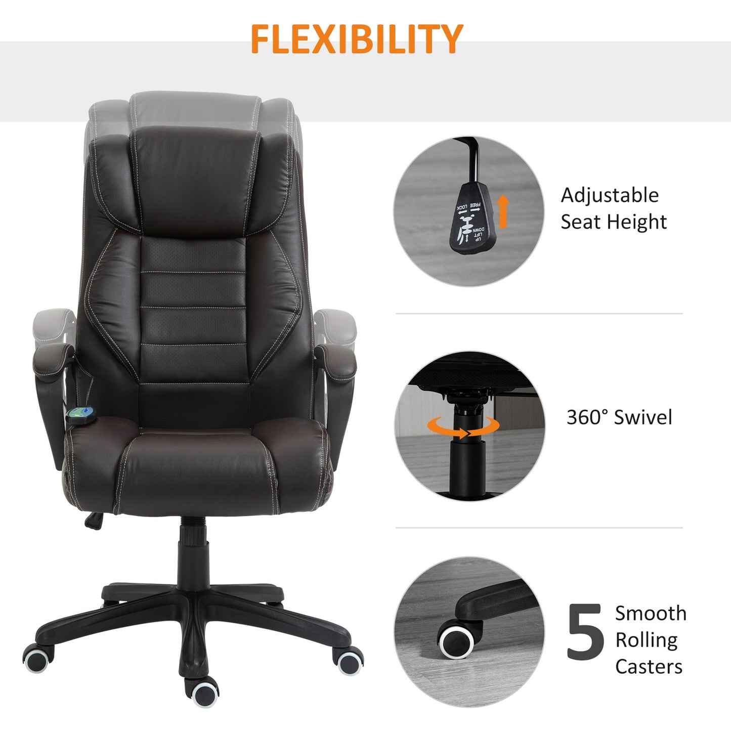 Office chair with massage function, height-adjustable executive chair, ergonomic swivel chair, 6 vibration points, brown