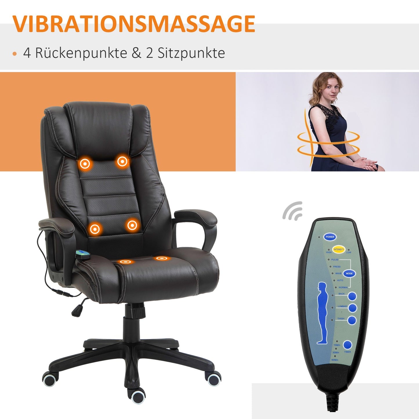 Office chair with massage function, height-adjustable executive chair, ergonomic swivel chair, 6 vibration points, brown