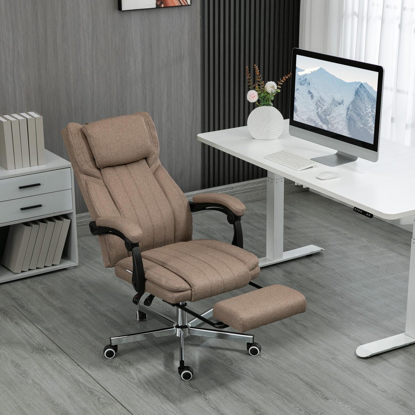 Office Chair with Massage, Recline & Footrest, Brown Linen