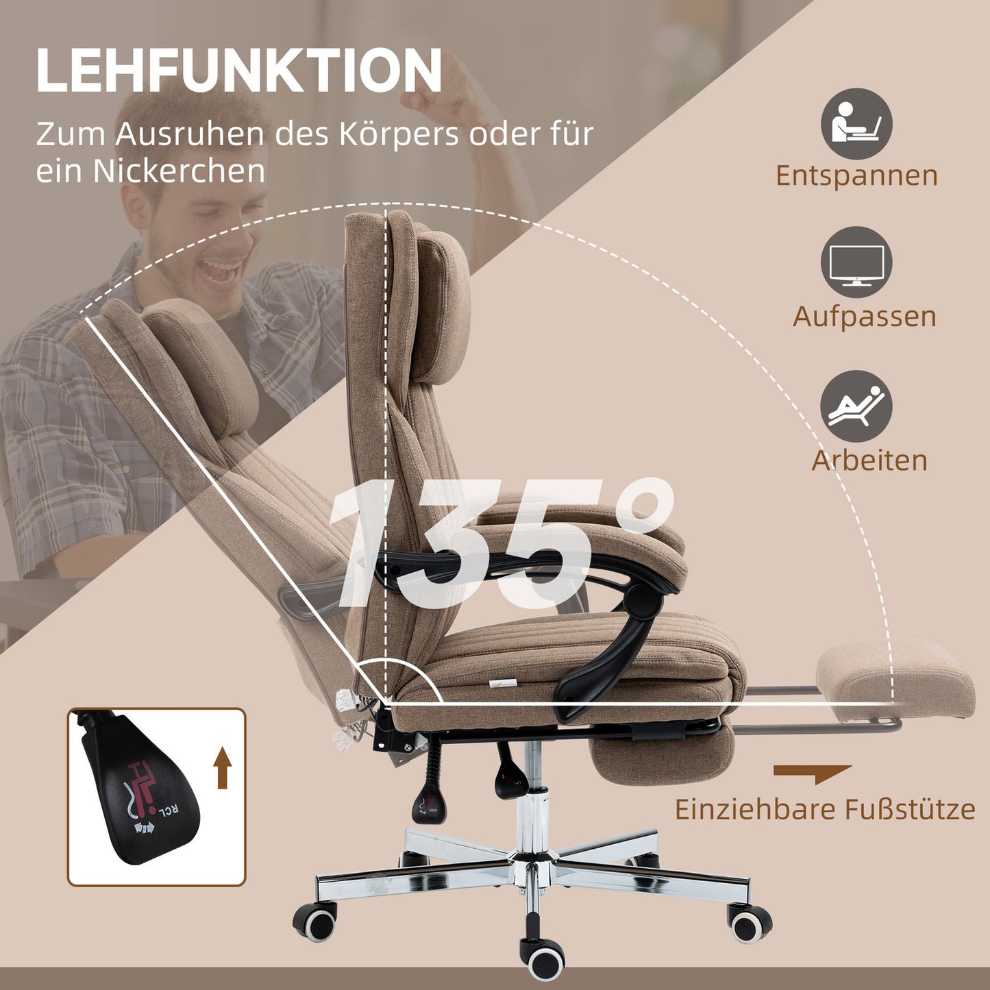 Office Chair with Massage, Recline & Footrest, Brown Linen
