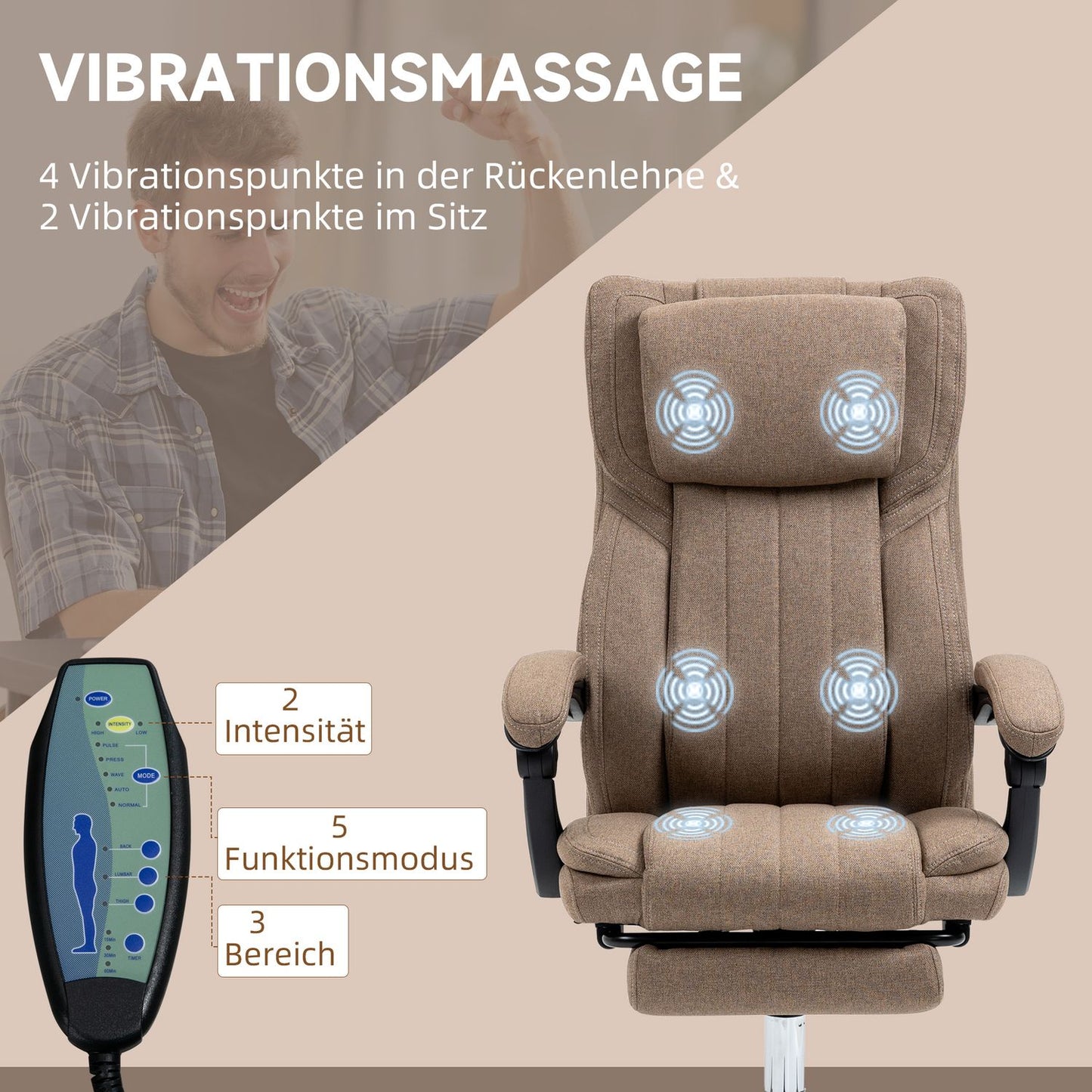 Office Chair with Massage, Recline & Footrest, Brown Linen