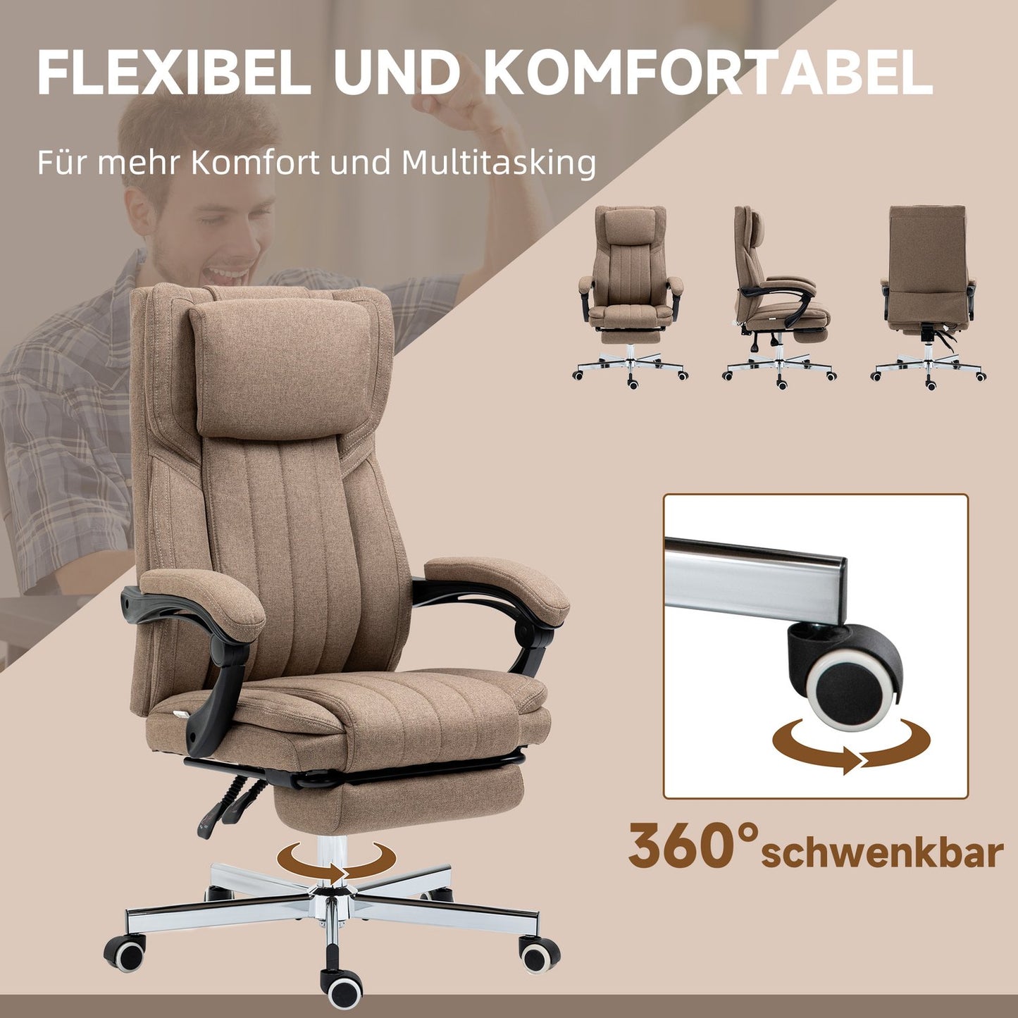 Office Chair with Massage, Recline & Footrest, Brown Linen