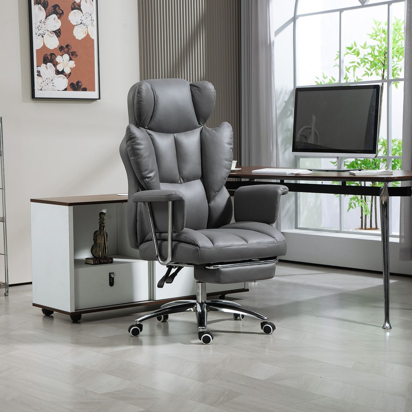 Ergonomic reclining office chair with footrest, dark grey