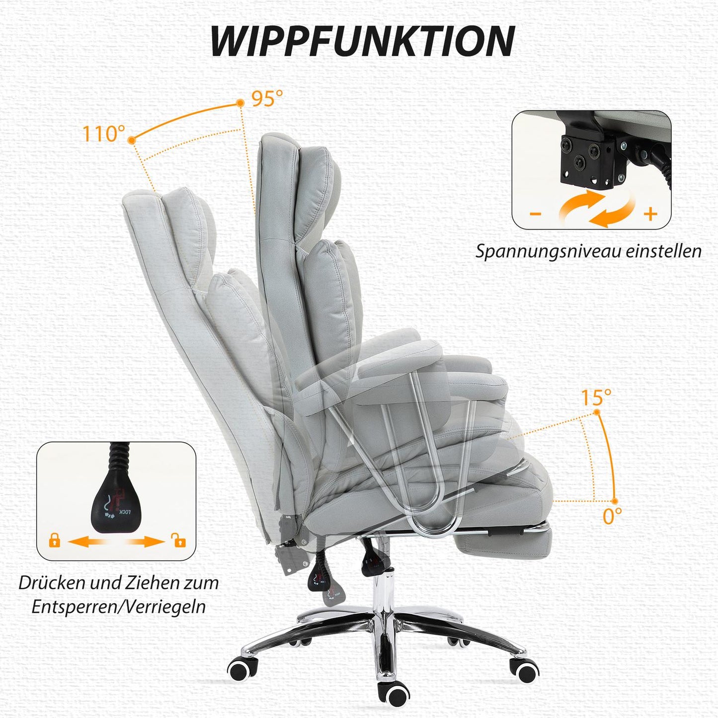 Ergonomic reclining office chair, adjustable with footrest