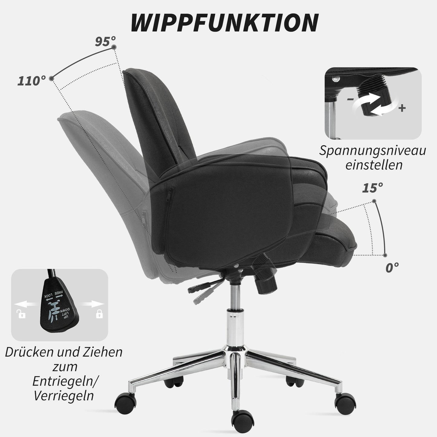 Ergonomic swivel office chair, adjustable height, black microfiber