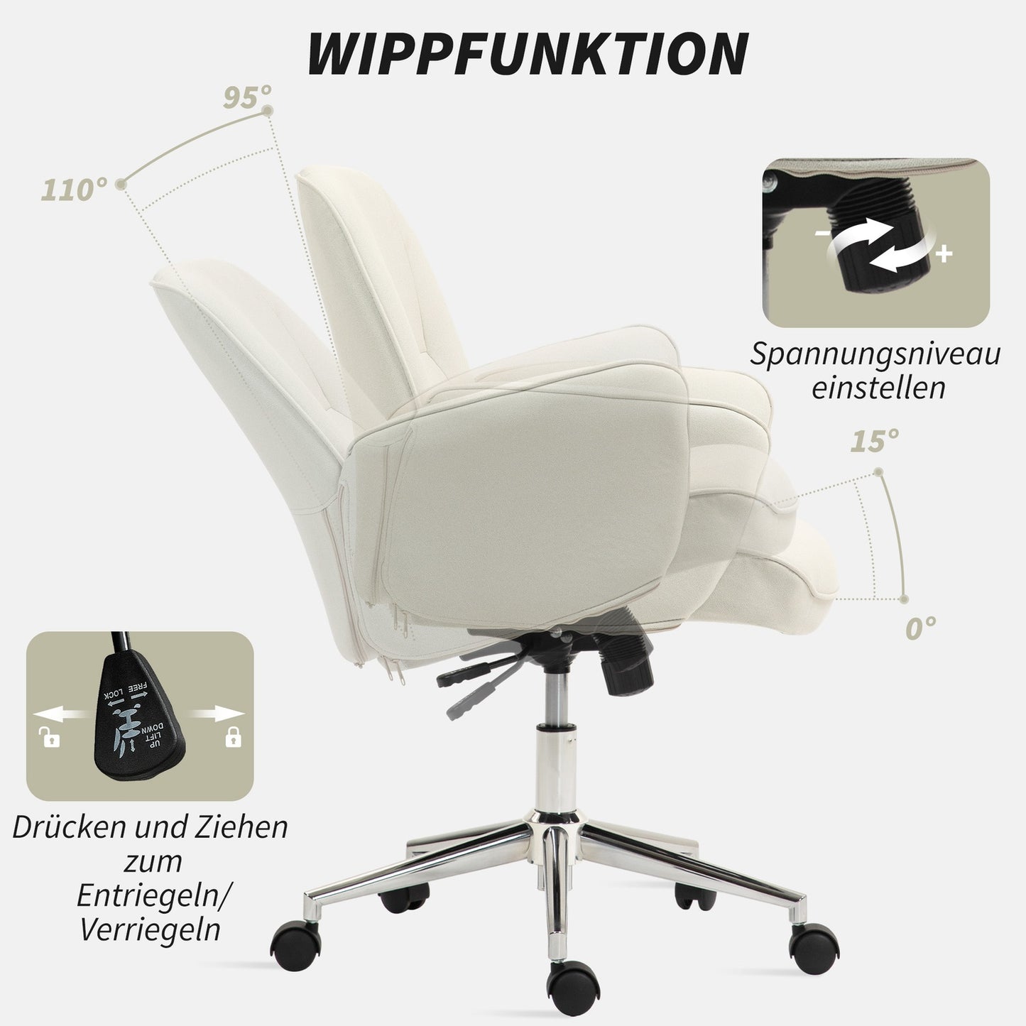 Ergonomic office chair, microfiber, cream white, adjustable in height