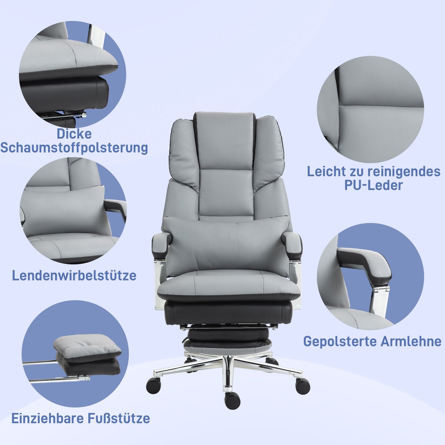 Ergonomic office chair, rocking, 180 kg load, light gray leather