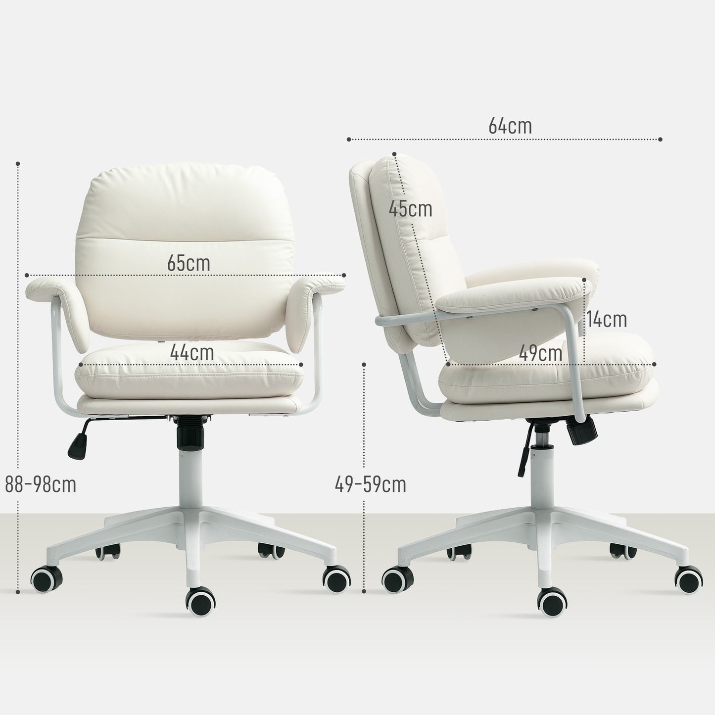 White office chair in synthetic leather, adjustable, tilt function