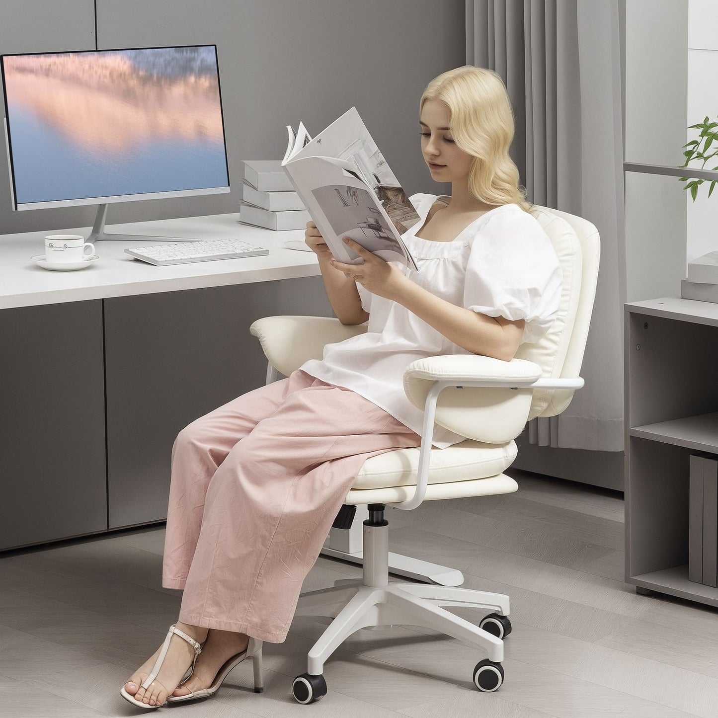White office chair in synthetic leather, adjustable, tilt function