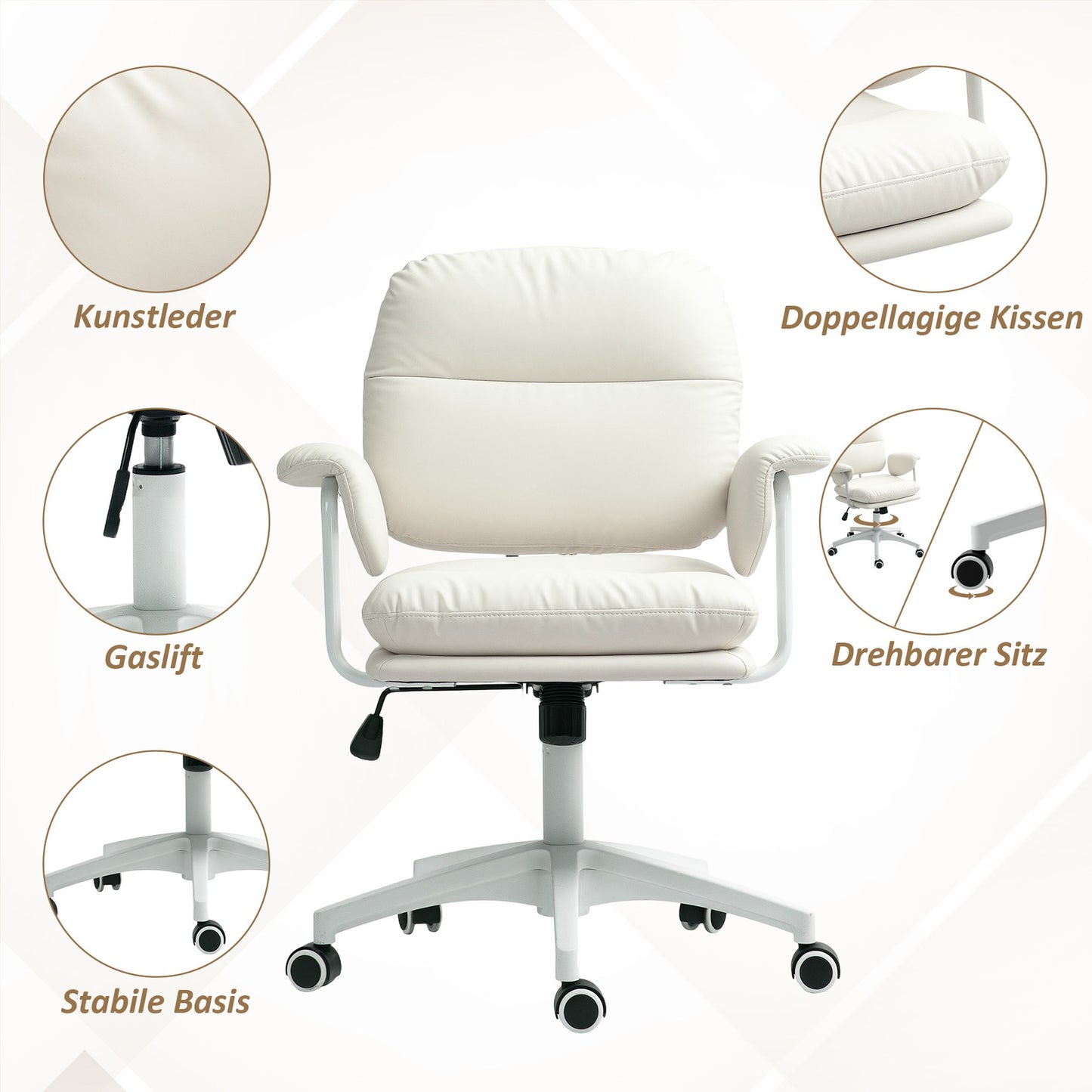 White office chair in synthetic leather, adjustable, tilt function