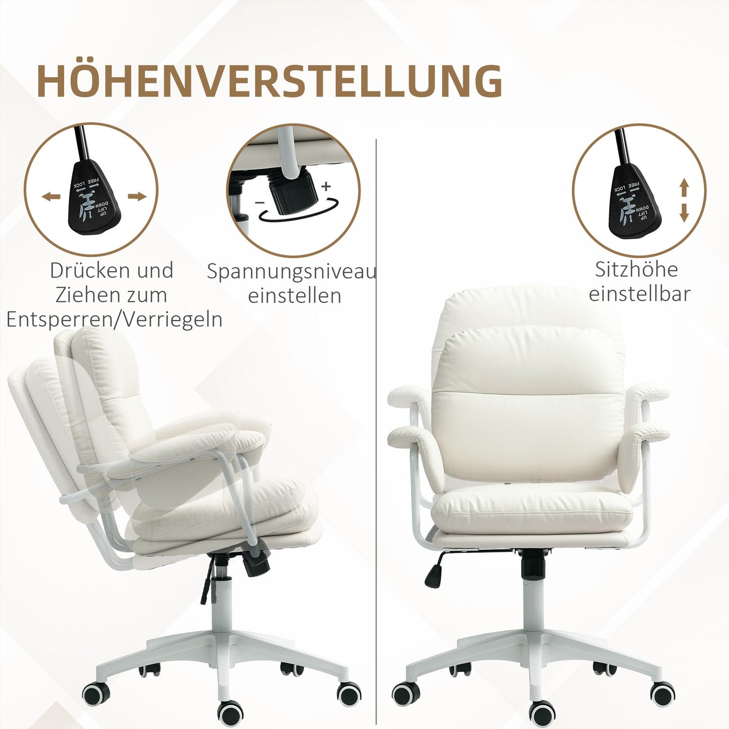 White office chair in synthetic leather, adjustable, tilt function