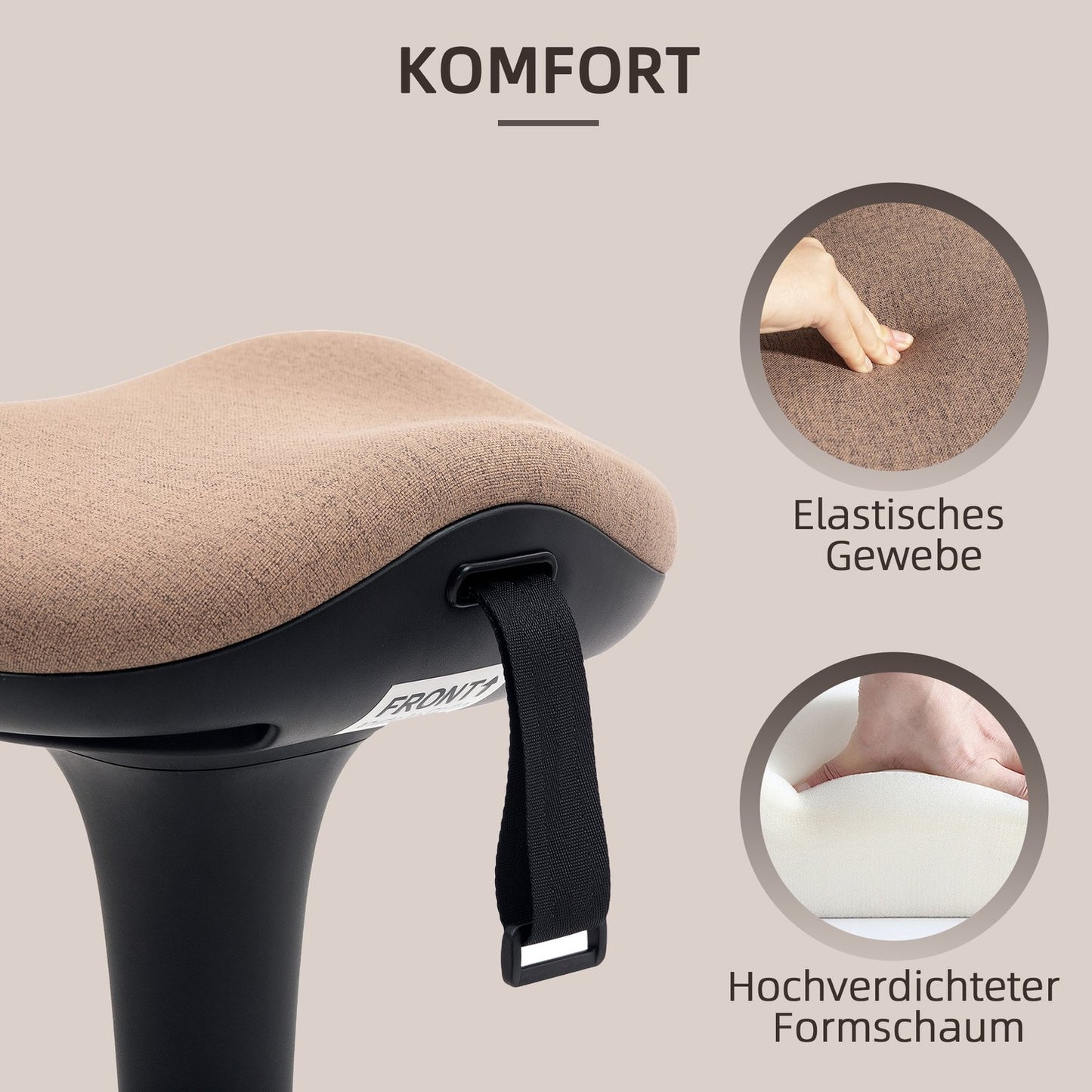 Ergonomic swivel office stool, adjustable 68.5-83.5 cm, brown