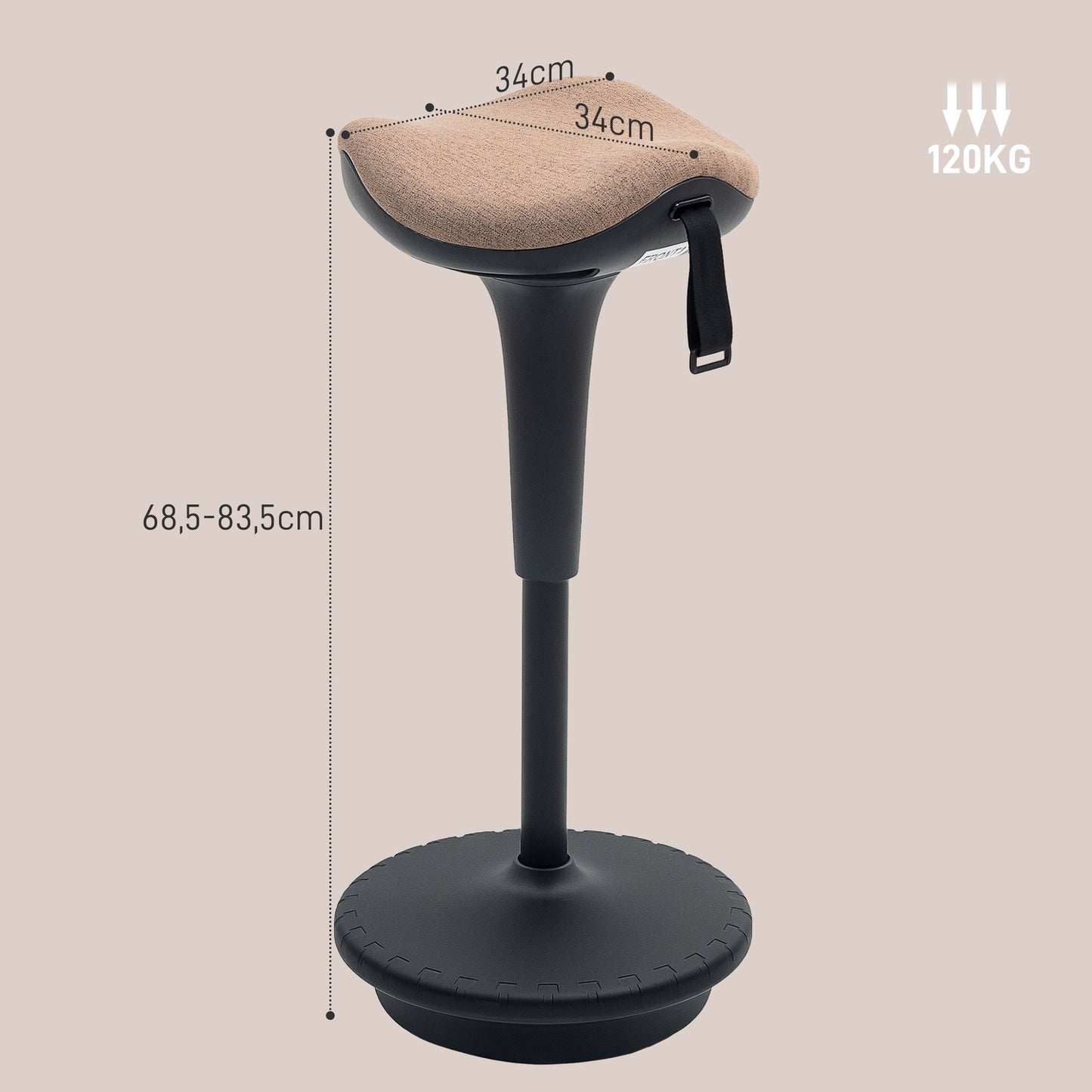 Ergonomic swivel office stool, adjustable 68.5-83.5 cm, brown