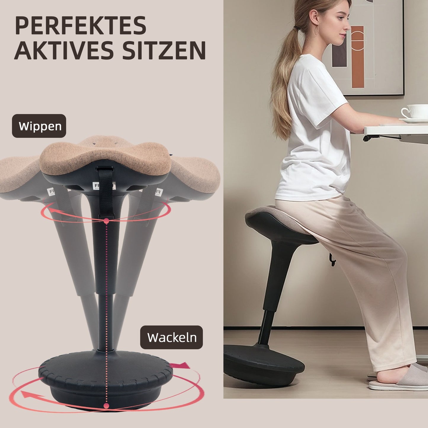 Ergonomic swivel office stool, adjustable 68.5-83.5 cm, brown