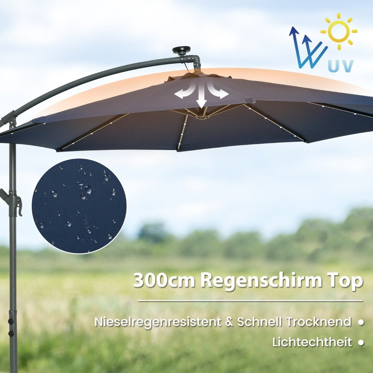 Offset Patio Umbrella 300cm, Solar LED, UV Protection